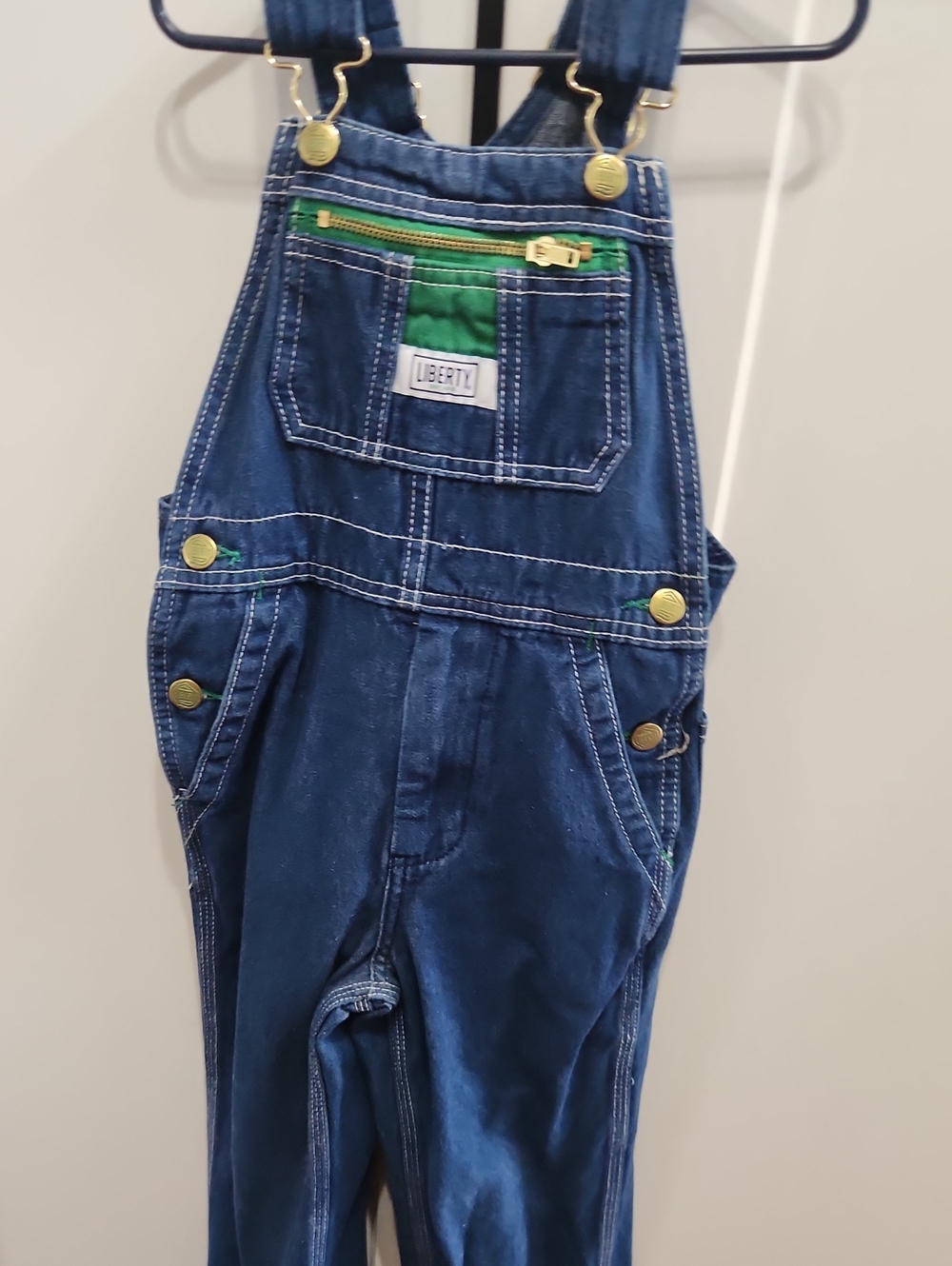 liberty Blue Denim Overalls with Green Accents Kids 6R